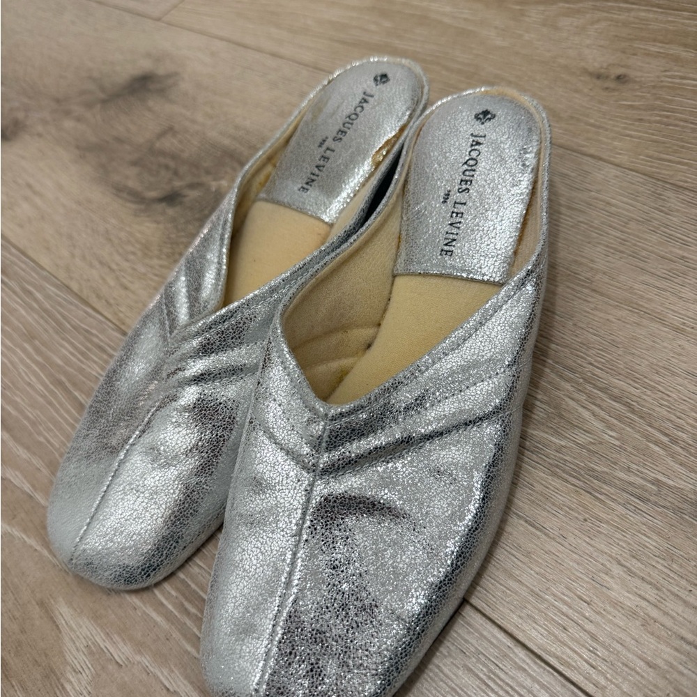 Jacques Levine Silver Metallic Slip-On Mules for Women